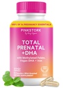Pink Stork Total Prenatal Vitaminer med DHA, Folate, Jern, Cholin, og vitamin B12 - Predonation Nutrition - Prenatals for kvinder, Graviditet Essentials - Mint Essens, 60 kapsler, 1 måned Tilgang