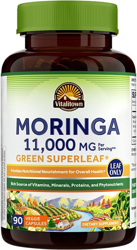Vitalitown Moringa Capsules 11.000 MG, Pure Moringa Oleifera Leaves, Ingen sticks, Ingen koffein, energi, immunforsvar, 90 Kapsler