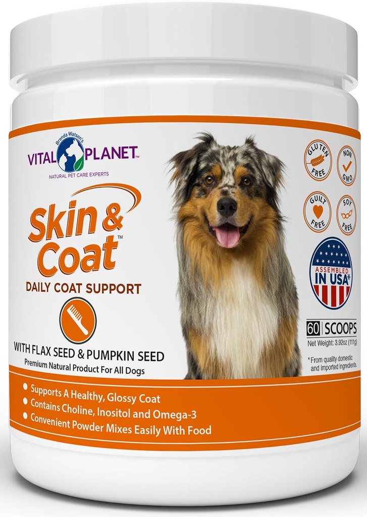 Vital Planet - Hud og Coat Powder supplement til hunde med cholin, Inositol, Pumpkin, Hør og Omega-3 Olier til at støtte en blød skinnende sund Coat og til sæsonbetinget allergier - 60 Scoops, 111g, 3.92oz
