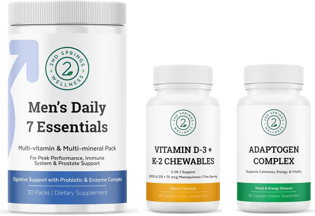 Mænds Daily 7 Essentials, Adaptogen Complex & Vitamin D3 + K2 Chewables Bundle