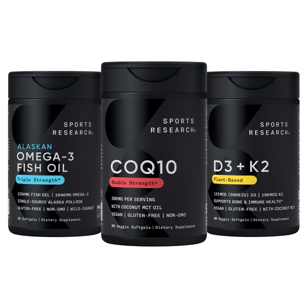 Sports Research 1250 mg Omega 3 Burpless Fish Oil fra Single- Source Wild Alaska Pollock, CoQ10 (200mg) Enhanced w / Coconut MCT Olie til bedre Absorption og 5000iu D-vitamin med 100mcg Mk7-vitamin K