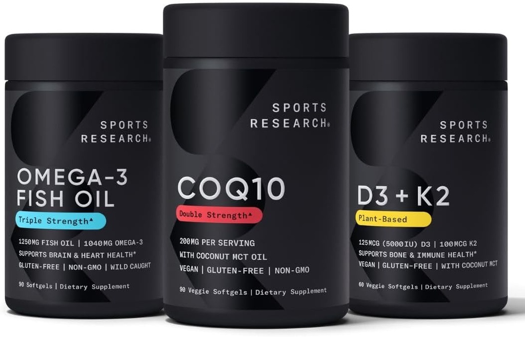 Sports Research 1250 mg Omega 3 Burpless Fish Oil fra Single- Source Wild Alaska Pollock, CoQ10 (200mg) Enhanced w / Coconut MCT Olie til bedre Absorption og 5000iu D-vitamin med 100mcg Mk7-vitamin K