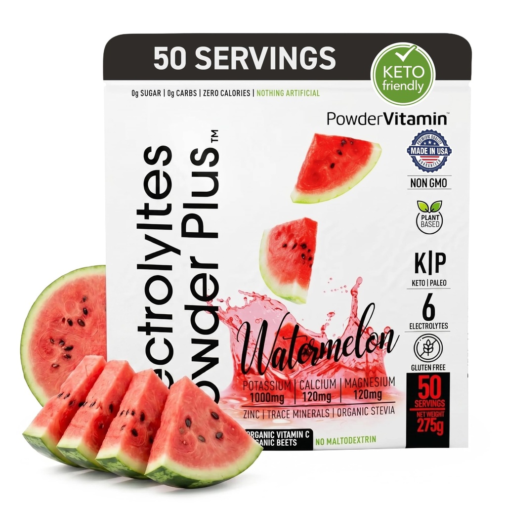 Elektrolyter Powder Plus (50 Servere), 0 Calorie Keto, 0 Sukker, Ingen Maltodextrin, 1000mg Kalium, 120mg Calcium, 120mg Magnesium, Hydrationspulver (50 Servere, Watermelon)