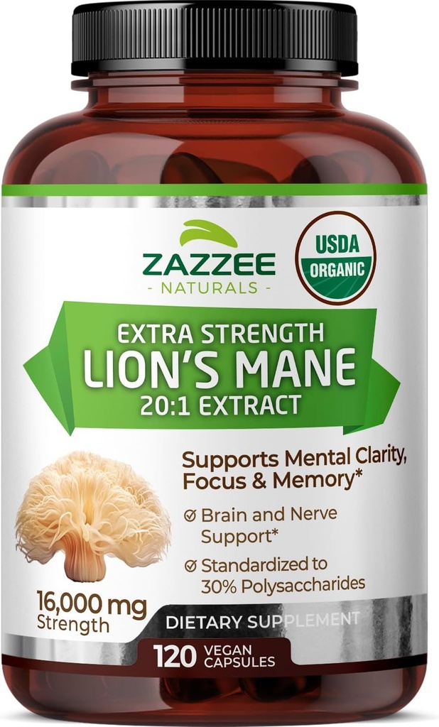 Zazzee USDA Organic Lions Mane 20: 1 Extract, 30% polysaccharider, 16. 000 mg Styrke, 120 Vegan Kapsler, Nootrop for Brain Health, Focus, Hukommelse, Koncentration og immunforsvar, Lavet i USA