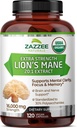 Zazzee USDA Organic Lions Mane 20: 1 Extract, 30% polysaccharider, 16. 000 mg Styrke, 120 Vegan Kapsler, Nootrop for Brain Health, Focus, Hukommelse, Koncentration og immunforsvar, Lavet i USA