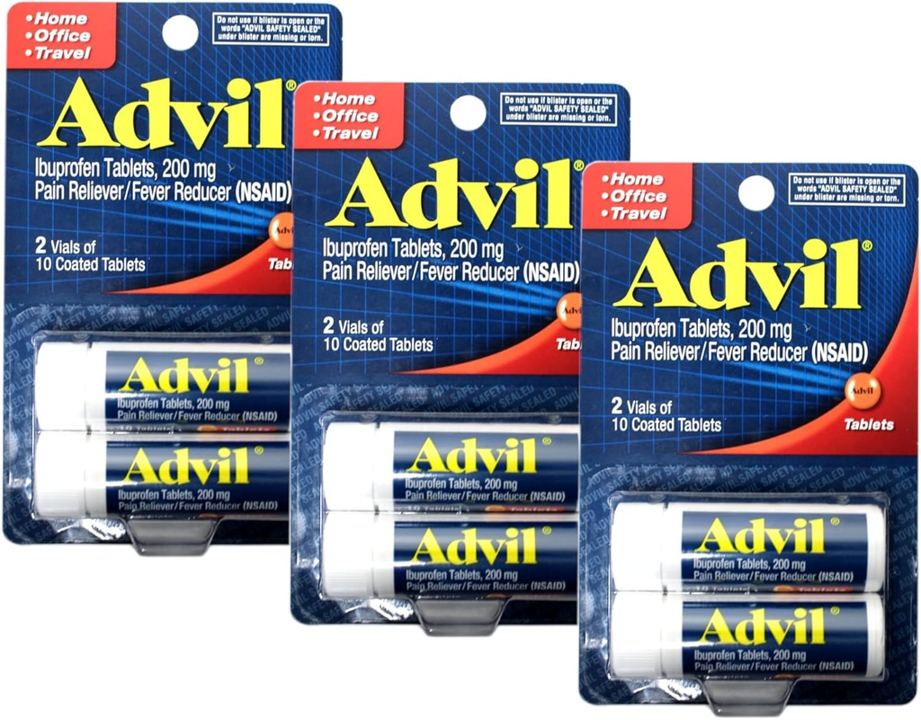 Advil Ibuprofen Tablets 200 mg, 2 Vials, 10 Coated Tablets Each, 20 Total (Pack of 3)