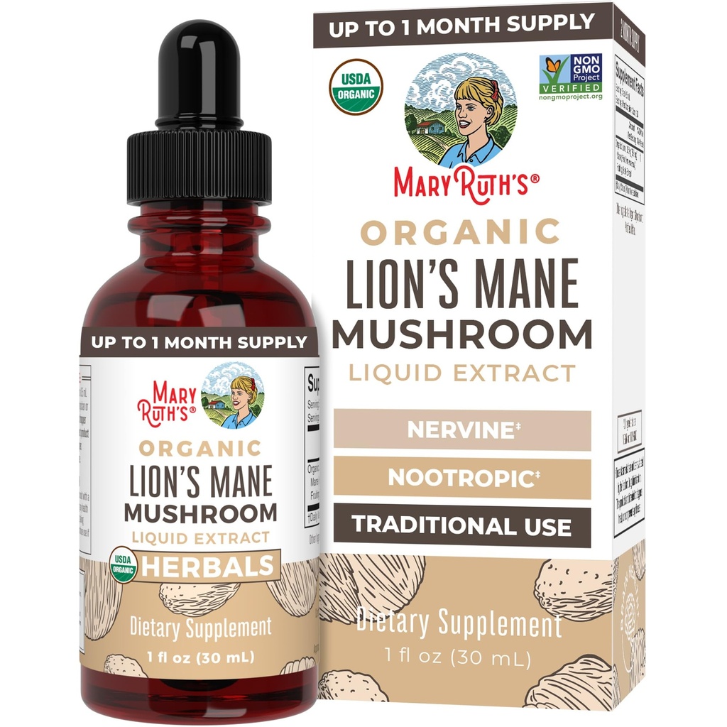 MaryRuth Organics Lions Mane Mushroom Supplement, Op til 1 måned Tilgang, Nootrop USDA Organic Lions Mane Extract Nervine Herbal Liquid Drops, Brain Health Non- GMO Vegan Alkohol Free Tincture, 1 Fl Oz