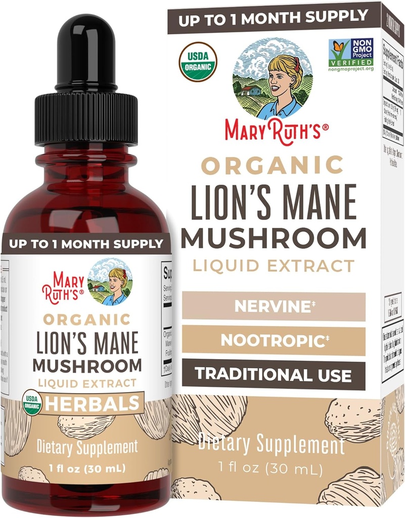 MaryRuth Organics Lions Mane Mushroom Supplement, Op til 1 måned Tilgang, Nootrop USDA Organic Lions Mane Extract Nervine Herbal Liquid Drops, Brain Health Non- GMO Vegan Alkohol Free Tincture, 1 Fl Oz