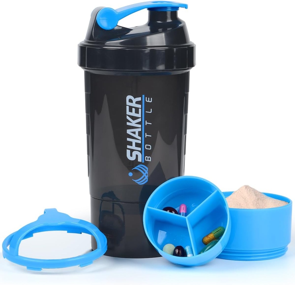 Protein Shaker Flaske - Sport Vand Flaske - Non Slip 3 Layer Twist Off 3oz Cups med pillebakke - Lækbevis Ryst Flaske Mixer- Protein Powder 22 oz Shake Cup med opbevaring