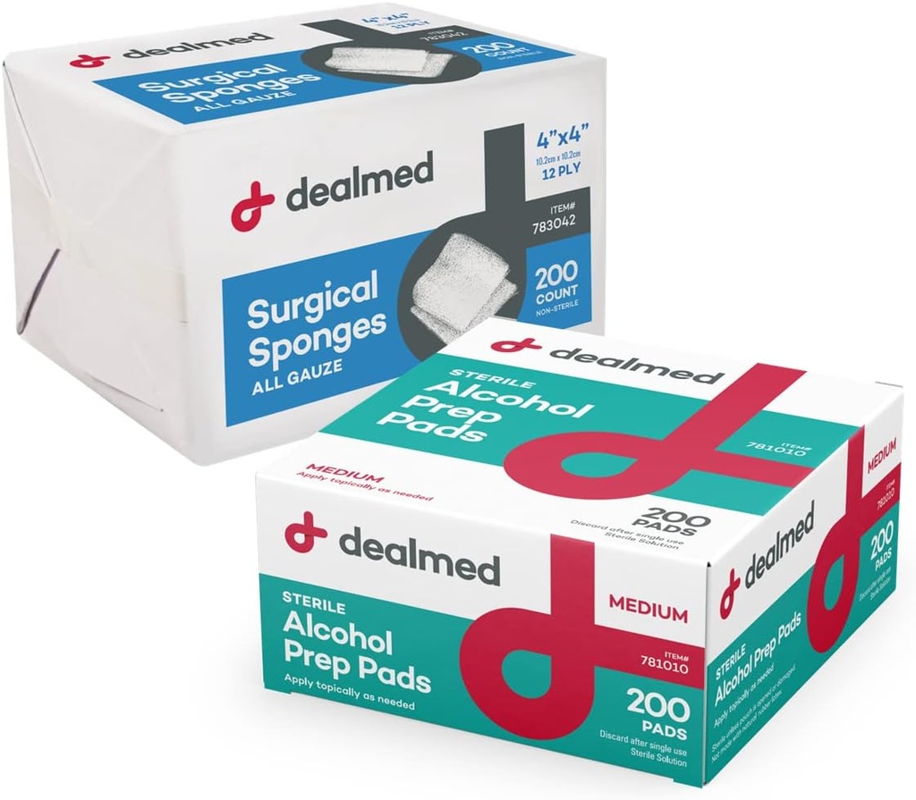 Dealmed Alkohol Prep Pads og Gauze Sponge Bundle Buddy 124; 200 Count Medium Size Alkohol Pads Plus 4 "x 4" Kirurgisk Sponge Gauze Pads 200 Count