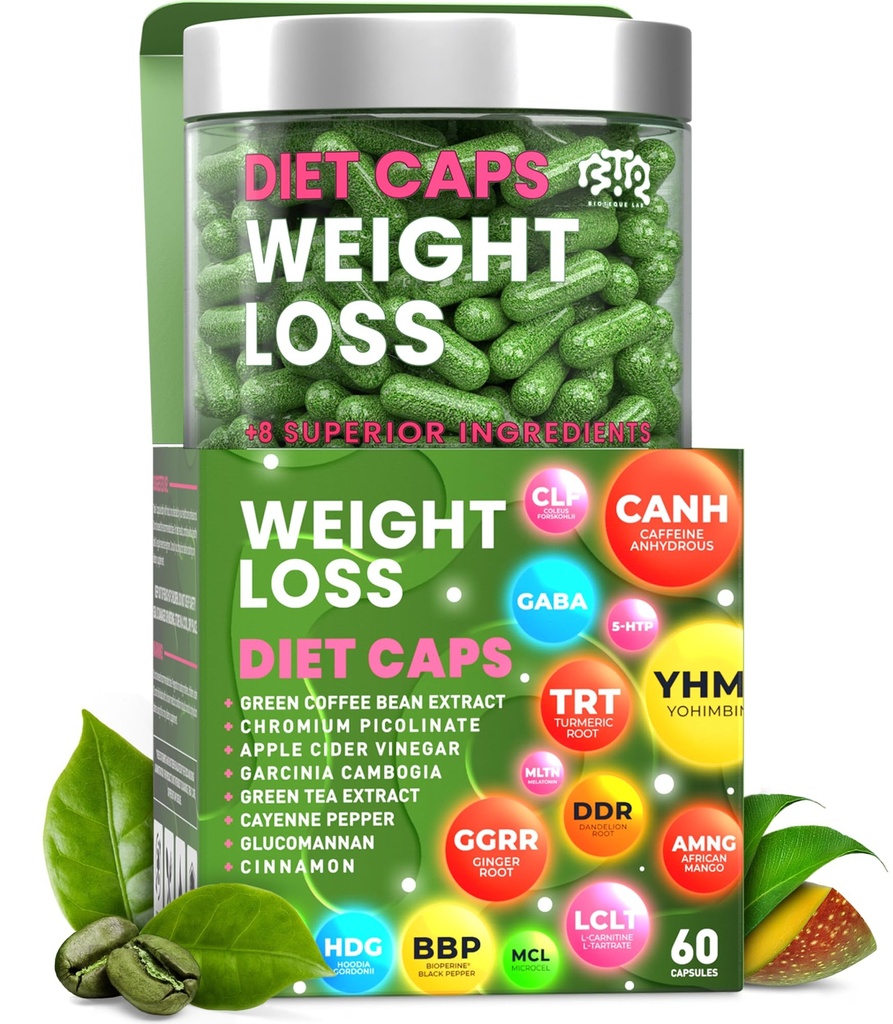 Vægttab Diet Kapsler, Natural Appetite Suppressant, Dag & Nat Fat Burner for kvinder & Mænd med Apple Cider, Green Coffee Bean Extract, Metabolisme Booster tillæg - 60 piller