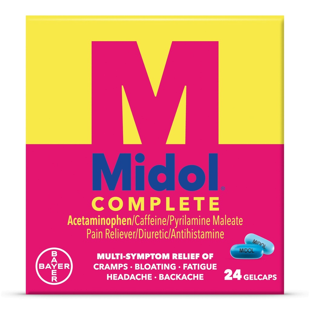 Midol Complete Gelcaps 24ct: Midol Complete Menstrual Pain Relief Gelcaps med Acetaminophen til menstruelle Symptomer, PMS Relief, og Periode Cramp Relief - 24 Greve (Packaging May Vary)