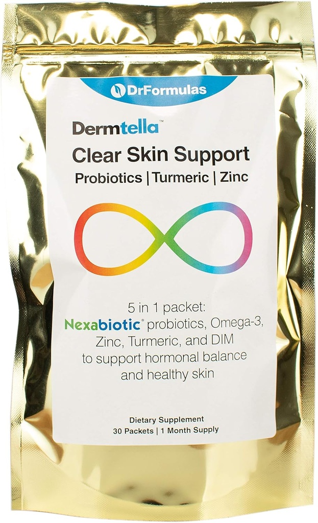 DrFormulas Dermtella Clear Skin Support Pakker 124; Piller med zink, Probiotika & DIM; Kosttilskud til kvinder, Teens & Mænd med Nexabiotika, Gurkemeje, Fiskeolie, 1 Måned Supply