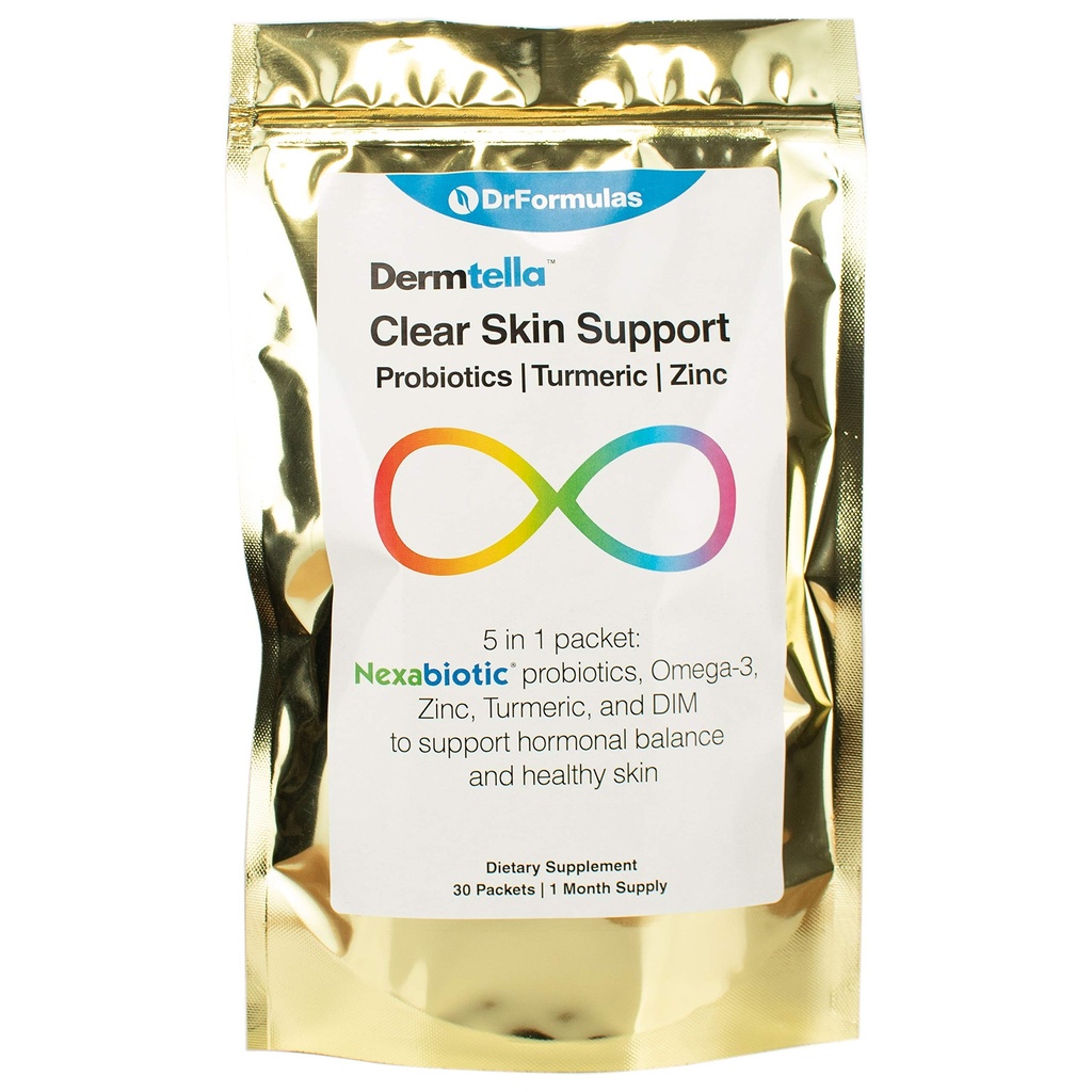 DrFormulas Dermtella Clear Skin Support Pakker 124; Piller med zink, Probiotika & DIM; Kosttilskud til kvinder, Teens & Mænd med Nexabiotika, Gurkemeje, Fiskeolie, 1 Måned Supply