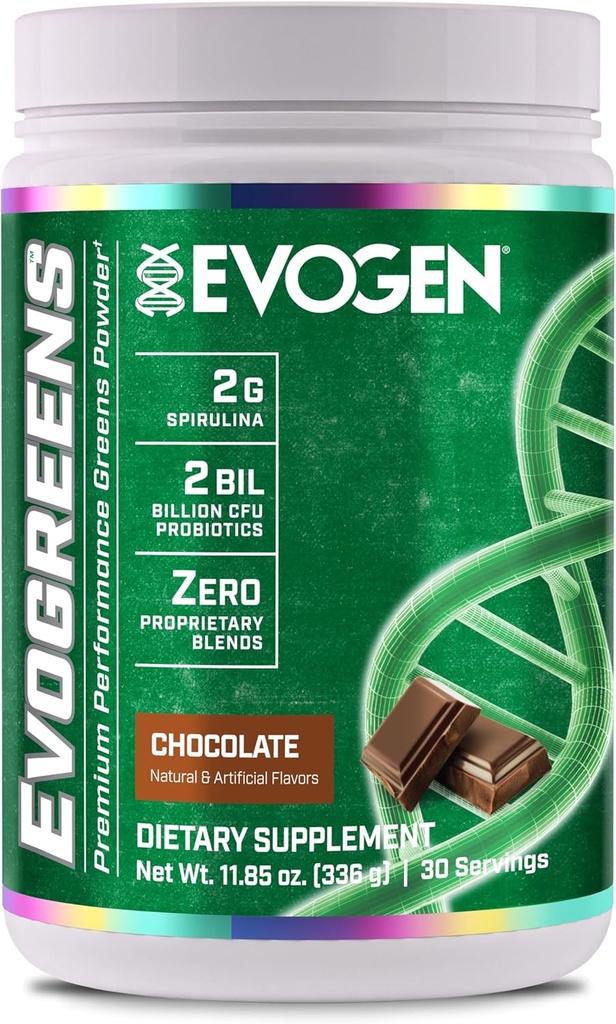 Evogen Evogreens Mea124; Premium Performance Green Superfood, Spirulina, Pomegranat, Probiotika, Kale Mea124; 30 Servere (Chokolade, 30 Servere)