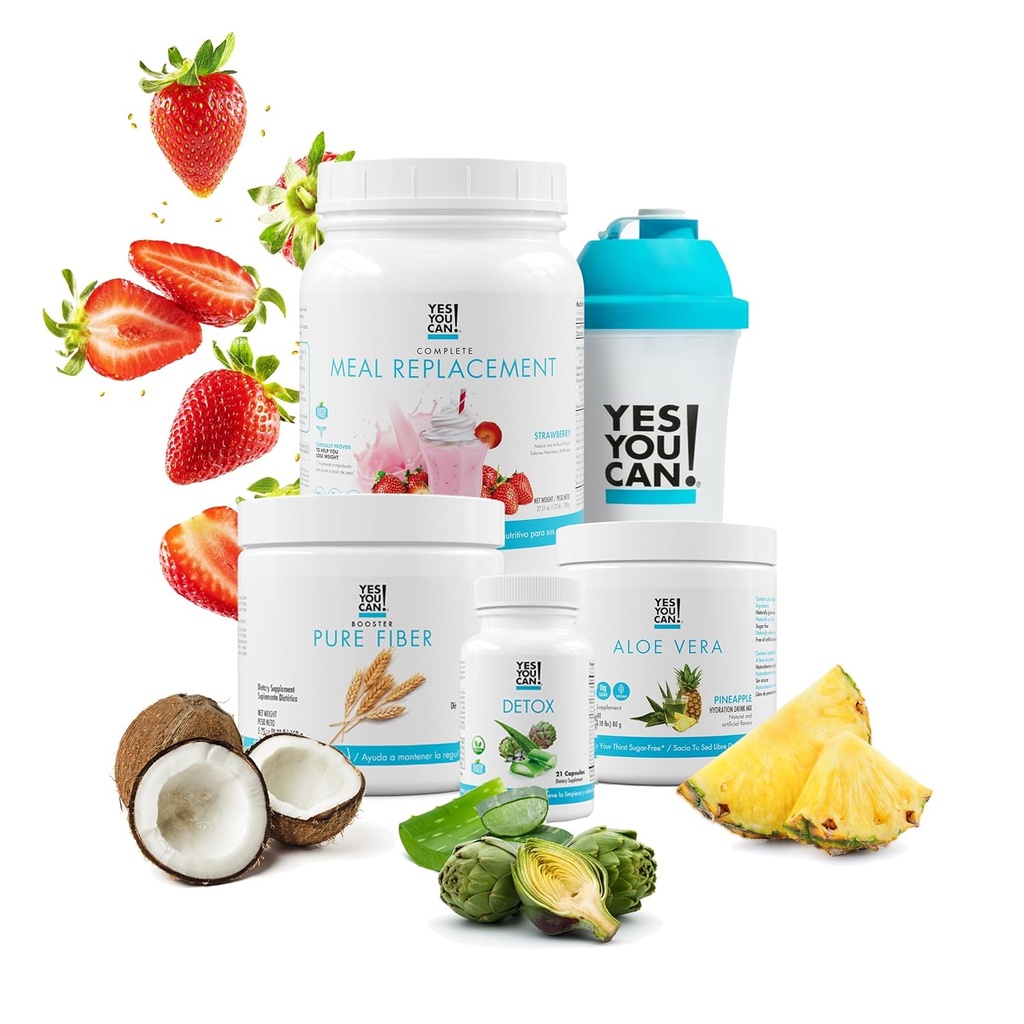 Ja, du kan! Detox Plus Kit, Daglig Rengøring Pure Fiber Meal Erstatning, Drik Mix, Ryst Booster og tillæg, Krop Rengøring Kit til kvinder, Daglig System Rengøring - Jordbær, Aloe Vera Hibiscus
