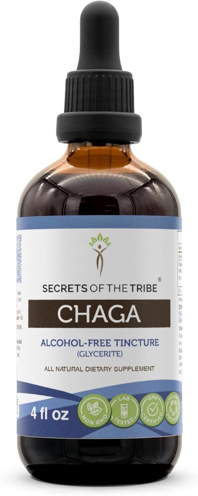 Secrets of the Tribe Chaga Tincture Alcohol- Free Extract, Wildcrafted Chaga (Inonotus obliquus) Tørret Hel Mushroom (4 FL OZ)