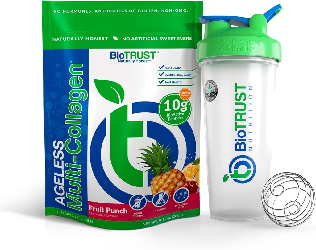 BioTrust Agueless Multi Collagen 5- in-1 Protein Powder (Fruit Punch) BlenderBottle Bundle