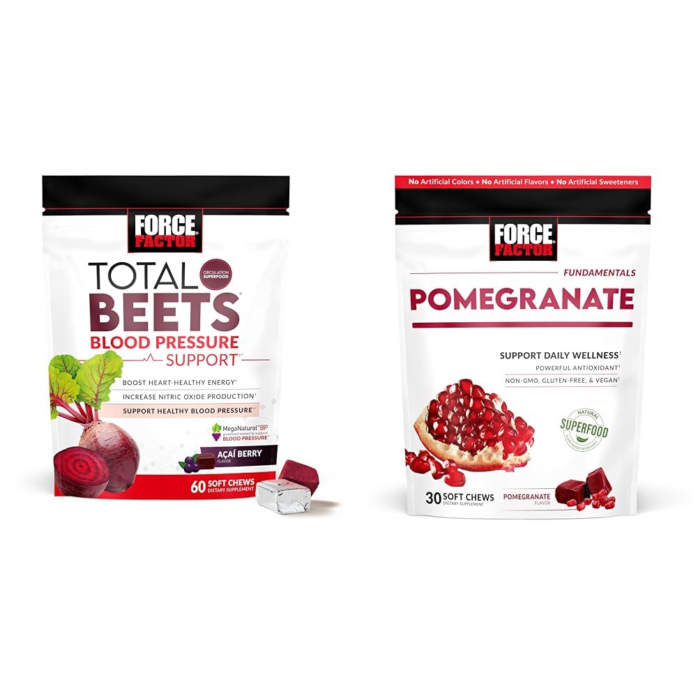 Kraftfaktor Total Beets Blood Pressure Support Kosttilskud med Beet Powder & Pomegranate Soft Chews for sund aldring, Heart Health, Knoglesundhed, & Brain Health