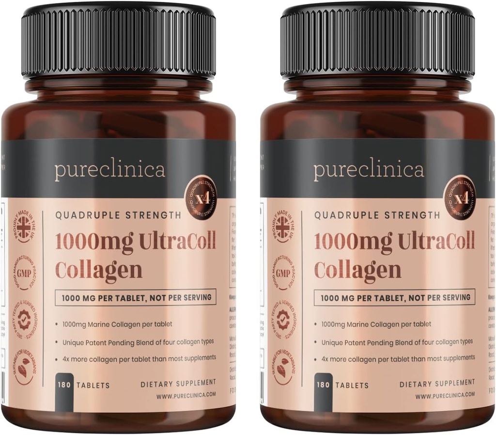 pureclinica UltraColl Marine Collagen 1000mg x 360 tabletter (2 flasker à 180 tabletter - 6 måneder Tilgang). Den eneste patenterede anti-aging collagen type I, II, III og VII.