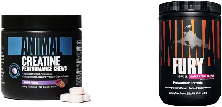 Animal Creatin Chews Tablets - Forbedret Creatin monohydrat med AstraGin for at forbedre Absorption & Fury Pre Workout Powder supplement til energi og fokus 5g