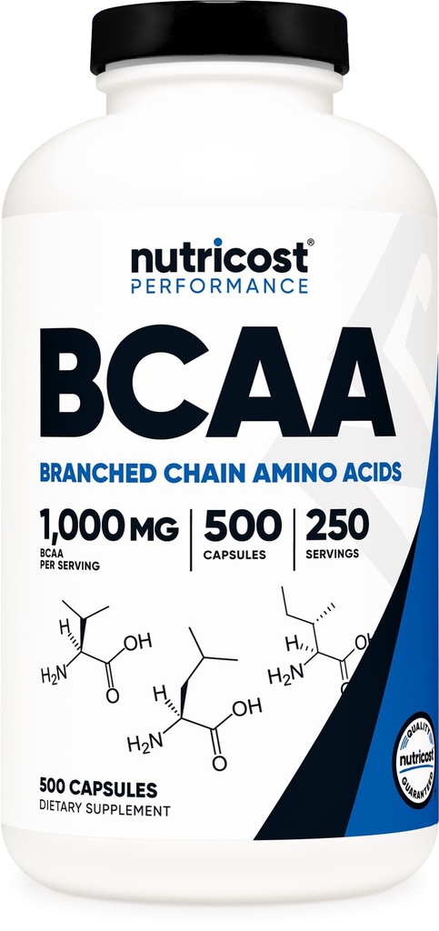 Nutricost BCAA 1000mg, 500 kapsler (250 Serv), 2: 1: 1 Forgrenet kæde Aminosyrer (500mg L-Leucin, 250 mg L-Isoleucin og L-Valine)