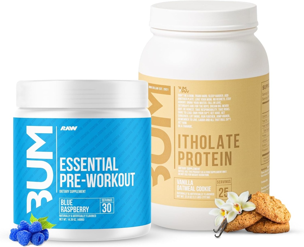 RAW whey isolere protein pulver & essentielle præ-workout pulver bundle (Vanilla havregryn Cookie & blå hindbær) - Chris Bumstead sport ernæring supplement til mænd og kvinder