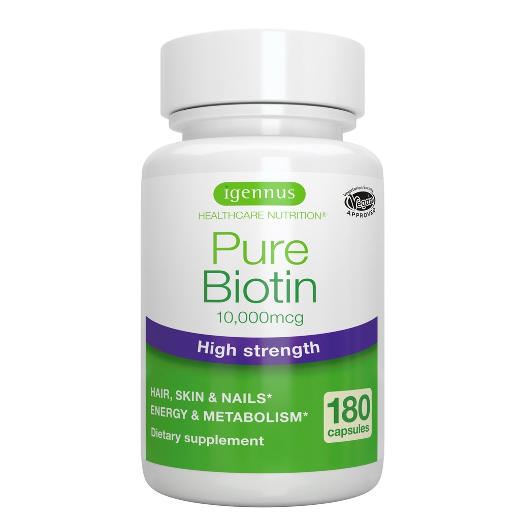 Igennus Clean Biotin 10,000mcg, High Potence Vitamin B7, Lab Verified, Vegan, 1- a- dag, Lille let at synke kapsler, Ingen efter smag eller lugt, Hypoallergen