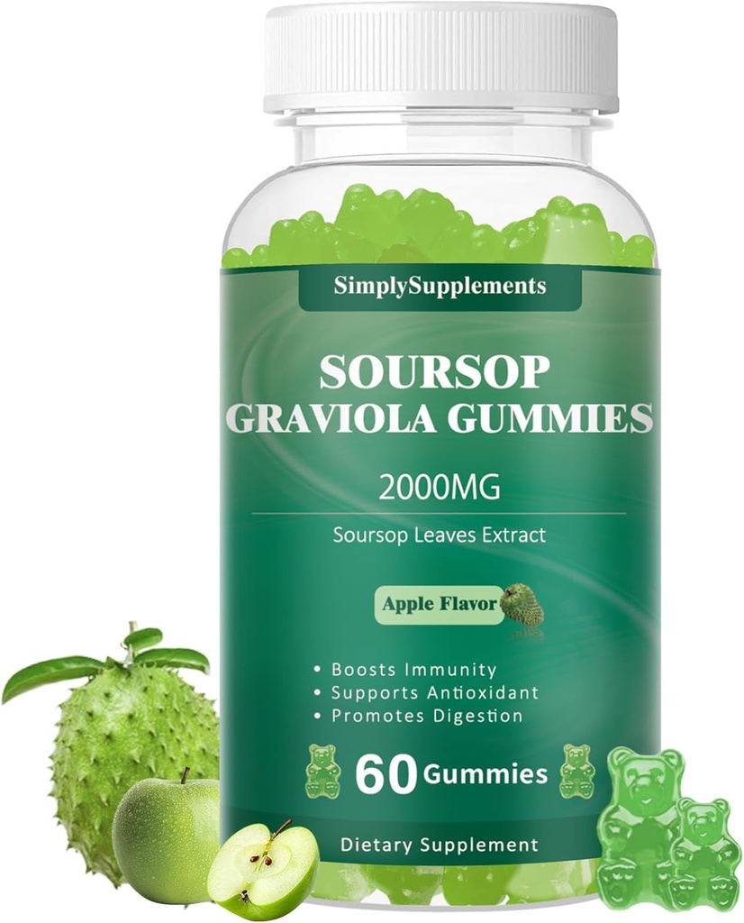 Soursop Graviola Gummies, Organic Soursop blade Extract 2000mg for Antioxidant, immunforsvar & fordøjelsesfremmende, Vegan - Green Apple Flavor - 60 Gummies