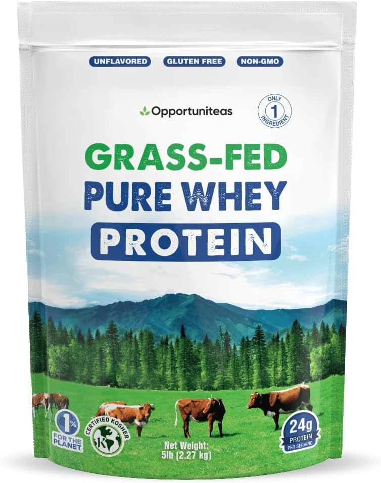 Opportuniteas Grass Fed Whey Protein Powder Concentrate - 1 Ingredient - Pure Protein Supplement for Drikke, Smoothie, Ryst, Madlavning & Bagning - Ikke GMO, Hormonfri & Gluten Free - 5 Punds