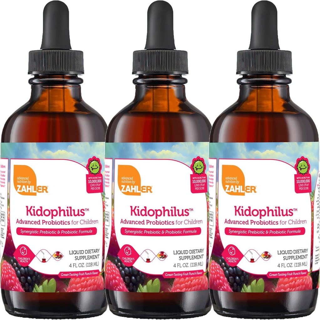 Zahler - Kidophilus Liquid Drops Probiotika til børn (4 Fl Oz) Certificeret Kosher, for sund fordøjelse & immunforsvar - Frugt Punch Flavored Children 's Probiotic Drops Supplement (3 Pack)