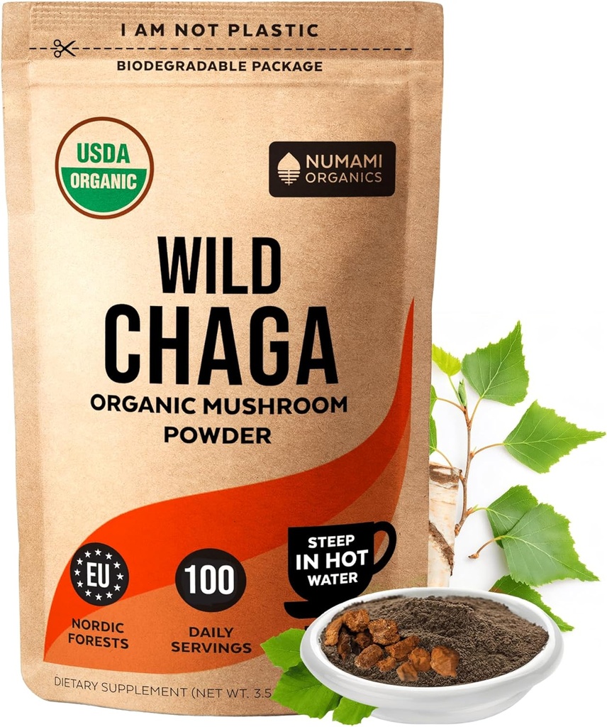 Organic Chaga Mushrooms Powder - Fine Powder at gøre Chaga Tea for Immunforsvar og mere energi, Organic Chaga er Wild Grown og bæredygtigt høstet i Europa, Certificeret USDA Organic, 100 portioner