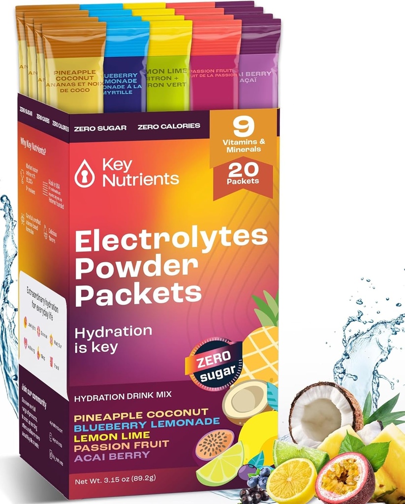 KEY NETRIENSER Electrolytes Powder Packets No Sugar - 5 lækre flavors i Hydration Packets 20 Pack - Ingen kalorier, Gluten Free Electrolytes Powder Packets, Ikke GMO, Lavet i USA