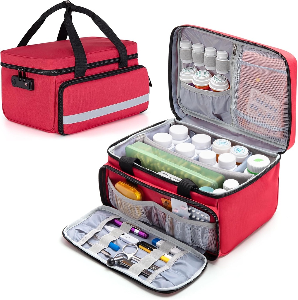 CURMIO Pill flaske Organizer, Medicin taske med lås til receptpligtige flasker og førstehjælp Kits, Rød (Patenteret Design)