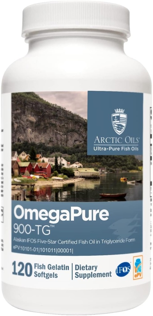 XYMOGEN OmegaPure 900- TG - International Fish Oil Standards (IFOS) Five- Star Certified Fish Oil - DHA EPA Omega-3 Supplement in Triglycerid Form for cardiovaskulær + kognitiv support (120 Softels)