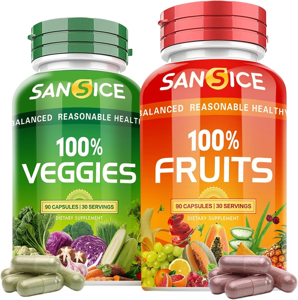 Frugt og grøntsager supplement, naturlige frugter og vegetabilske vitaminer soja fri & ikke-GMO Vegetabilske og frugt kosttilskud til kvinder mænd og børn - 90 Frugtkapsler, 90 Veggie kapsler