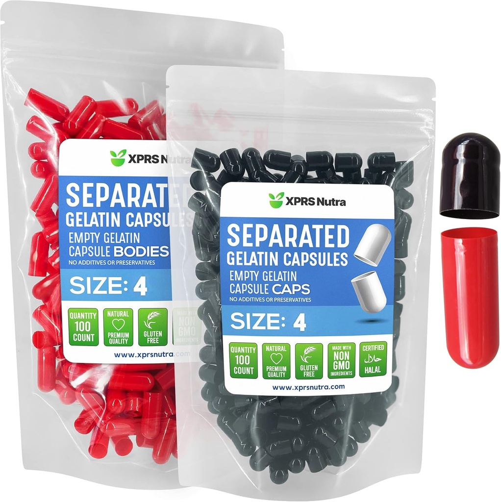 XPRS Nutra Gelatine Størrelse 4 Separated Capsules - 100 Greve små tomme kapsler Separated i poser - DIY Filtable Pille Caps - Størrelse 4 Gel Do- It- Yourself Vitamin Supplement Fyldning (sort / rød)