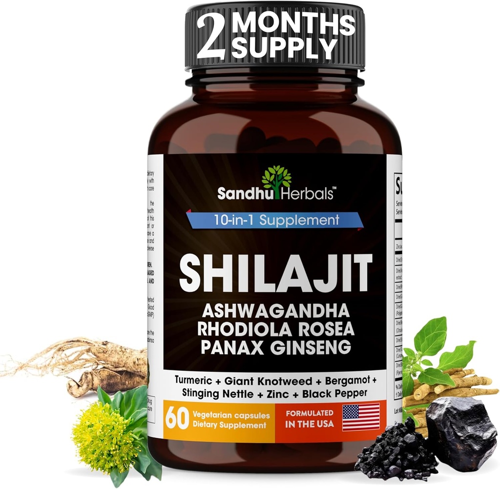 SANDHUHERBALS Shilajit kapsler til mænd og kvinder i 124; Pure Himalayan Blend med Ashwagandha i 124; Høj potens og energi supplement 124; 2 Månedeforsyning 124; for ekstra magt og Stamina i 124; Combo med Sea Moss