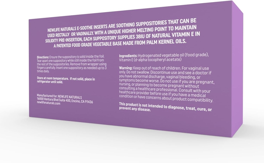 NewLife Naturals Vitamin E Suppositorier for kvinder 38IE - All Natural Vaginal Moisturizer - Feminin Care for Tørhed, Irritation, Menopause, Postpartum, Hormonal Ændringer & Mere - 48 Indsats, USA