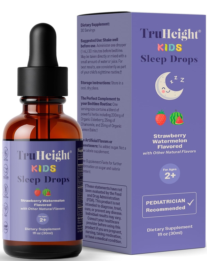 TruHeight Kids Sleep Tincture Ages 2+ (Watermelon Flavor) - Babies, Toddlers & Kids Natural Sleep Aid - Baby, Toddler, Child Melatonin 2 Year Old+ - Vitamin B6, Riboflavin, Zinc, Copper, Lemon Balm
