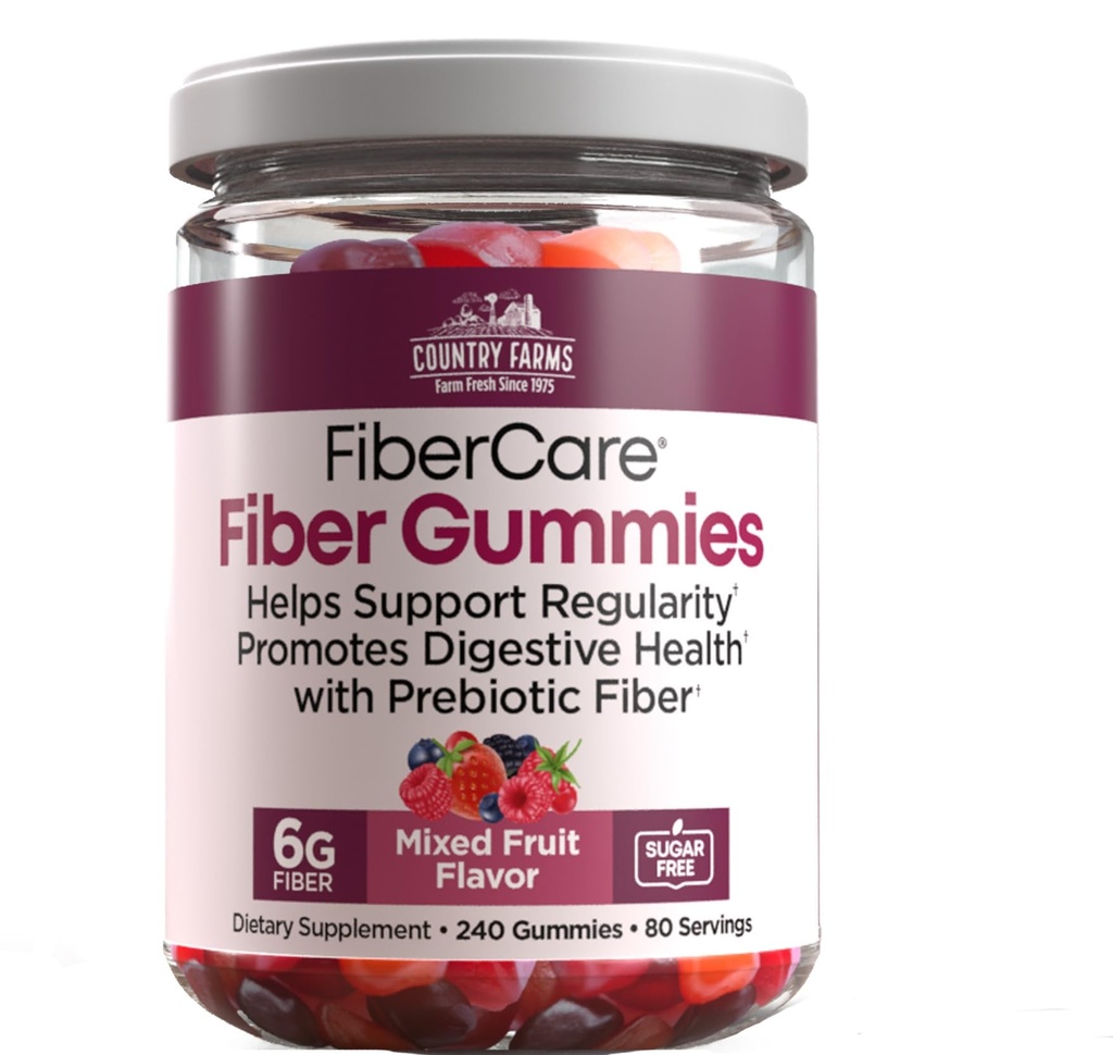 Country- Farm Fiber Care Gummies; Hjælp Understøtter Regularity • 124; Fremme fordøjelsessygdomme • 124; med Prebiotic • 124; Blandet Frugtsmag • 124; 6g pr Fiber • 124; (240 Gummies) • 124; 80 dages forsyninger