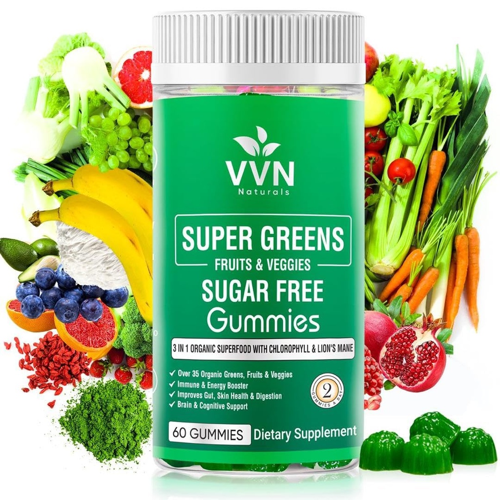 Sugar- Free Real Organic Fruits, Super Greens og Veggies Gumies Nærende & sunde grønne, frugter og grøntsager for forbedret immunitet, hud sundhed & energi Boost Buddy 124; 60 Vegansk Gumies