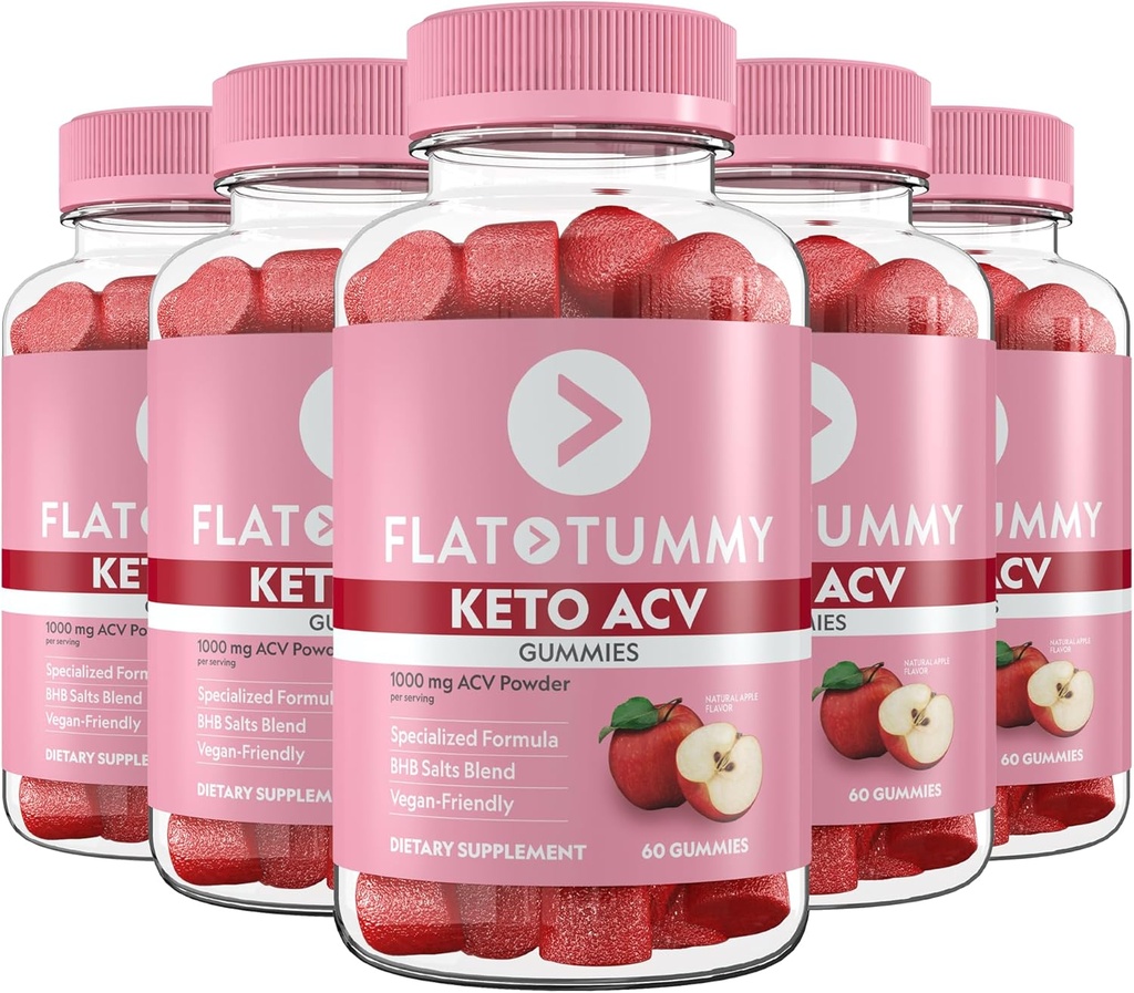 Flad Tummy Keto ACV Gummies, 60 Greve - Specialiseret Formel, Post GLP-1 Keto Supplement, Vegan- Friendly, Non- GMO - Apple Cider Vinarea Gummies, BSB Salts, Beet, Pomegranate Superfood Powders (5 Pack)
