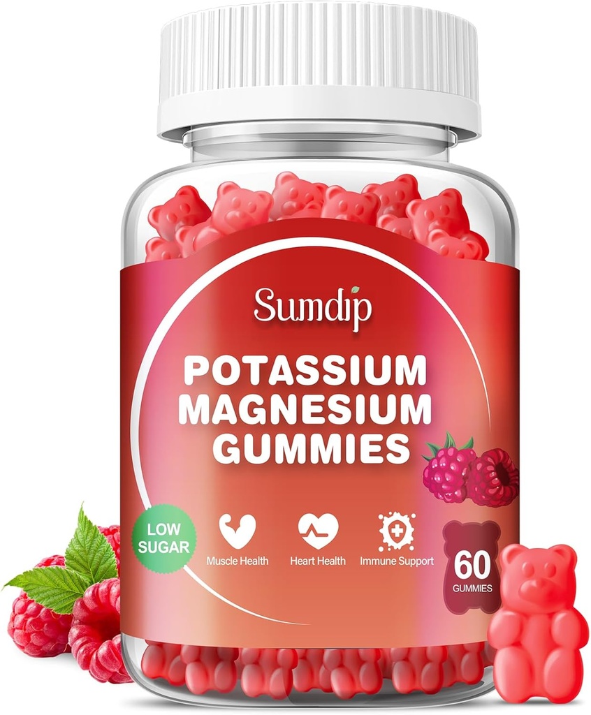 Kalium Magnesium Gummier Kalium Kosttilskud Høj Absorption Kalium Citrate Magnesium Citrate, Support Leg Cramps Muskelafslapning for mænd og kvinder 60 Gummier, Hindbær