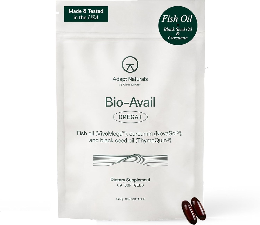 Adapt Naturals Omega 3 Fish Oil Supplement med Bioavailable Curcumin & Black Seed, 1500mg Fish Oil EPA DHA Omega 3 Fedtsyrer til støtte Joints, Muskler & Heart Budd124; Unflavored - 30 dages forsyning