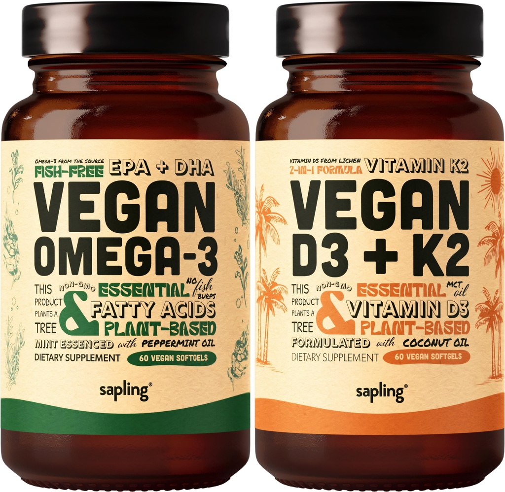 Vegan Omega 3 & Vegan Vitamin D3 + K2 Supplement Bundle - Plantbaserede DHA & EPA fedtsyrer, 4000 IE Vitamin D3 og 100mcg Vitamin K2 som Mk7