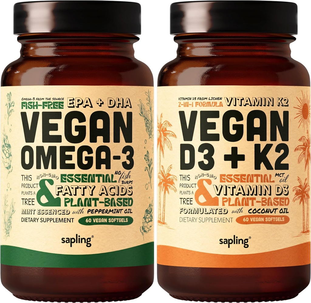 Vegan Omega 3 & Vegan Vitamin D3 + K2 Supplement Bundle - Plantbaserede DHA & EPA fedtsyrer, 4000 IE Vitamin D3 og 100mcg Vitamin K2 som Mk7