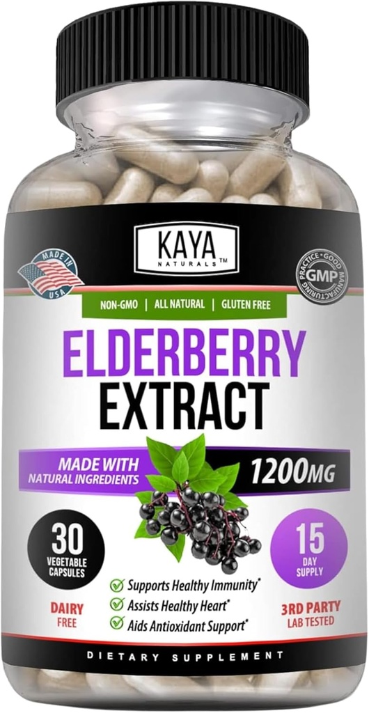 Kaya Naturals Elderberry Immune Support - Elderberry Extract, Rich Antioxidant Premium Vitamins, 1200mg Immune System Booster Sambucus Capsules - 30 Count
