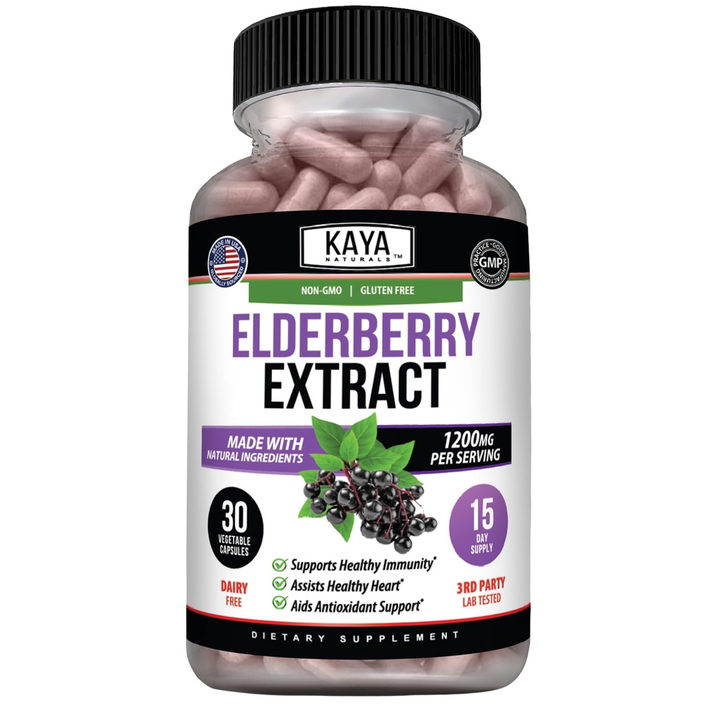 Kaya Naturals Elderberry immunforsvar - Elderberry Extract, Rich Antioxidant Premium Vitamin, 1200mg immunsystem Booster Sambucus kapsler - 30 Greve