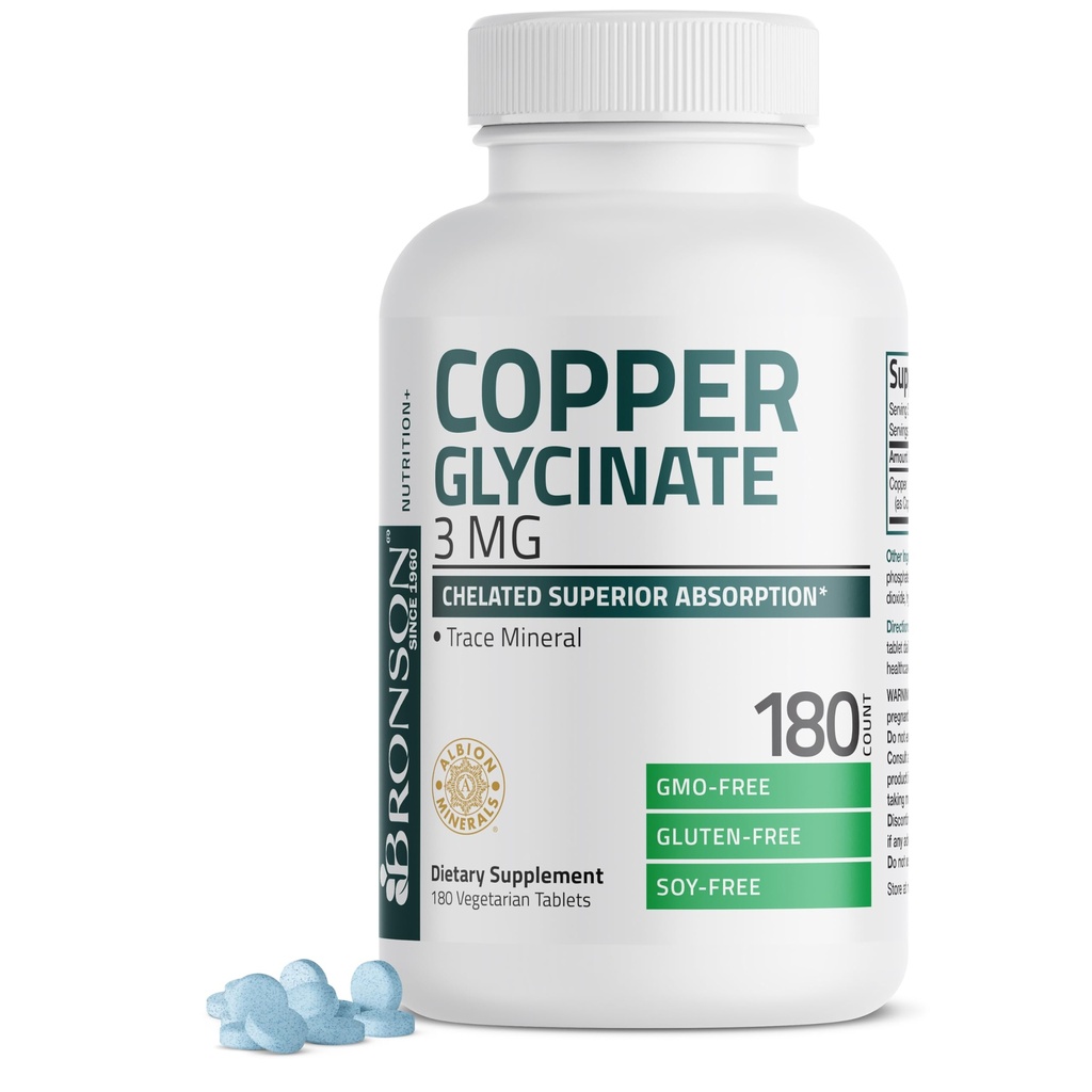 Bronson Copper Glycinat 3 mg Chelated Superior Absorption Non- GMO, 180 Vegetartabletter